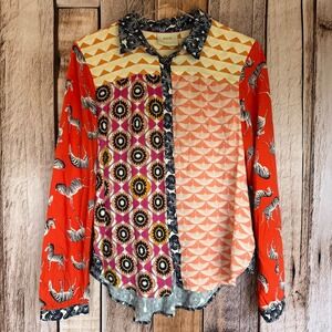 Maeve Anthropologie Top Mixed Print Zebra Floral Button Down Shirt Boho Medium